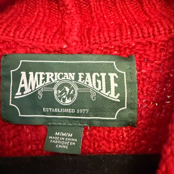 American Eagle Red Cable Knit Soft & Cozy Mock Neck Mixed Stitch Sweater Medium - Picture 3 of 4
